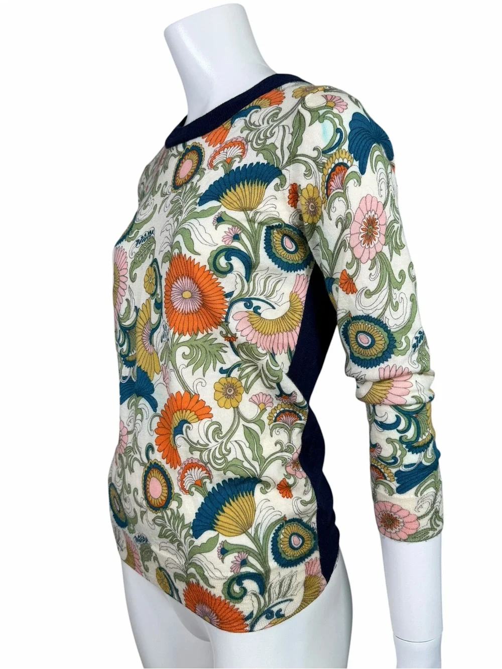 J.Crew Tippi Liberty Floral Merino Wool Sweater XS Fine Knit 3 4 Sleeve
